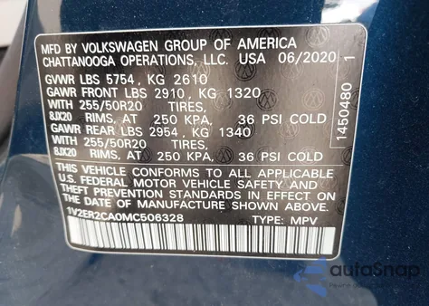 2021 Volkswagen Atlas 3.6L V6 Sel from USA, damaged, VIN 1V2ER2CA0MC506328